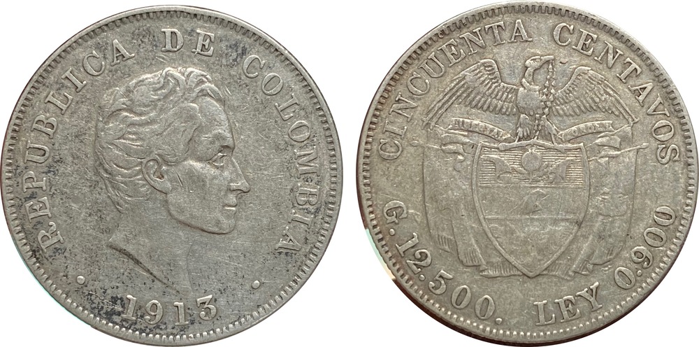 Colombia 50 Centavos | 1913 Birmingham Plata 900 • 12.5 g • ⌀ 30 mm Estado VF+ JER#414.2