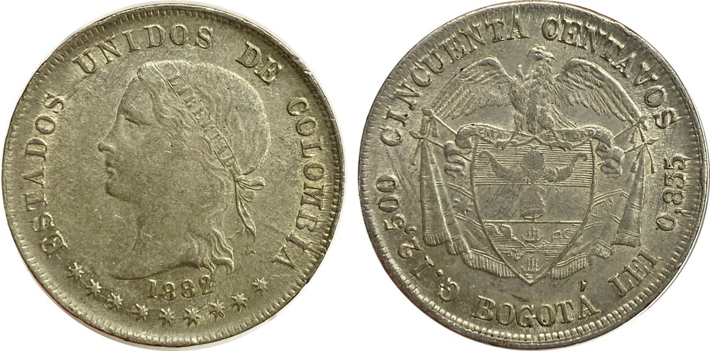 Colombia 50 Centavos | 1882 BOGOTÁ Plata 835 • 12.5 g Estado: AU+ JER# 308.10 (Anverso Remarcado, Variedad Fuera de Catálogo
