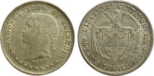 Colombia 50 Centavos | 1882 BOGOTÁ Plata 835 • 12.5 g Estado: AU+ JER# 308.10 (Anverso Remarcado, Variedad Fuera de Catálogo